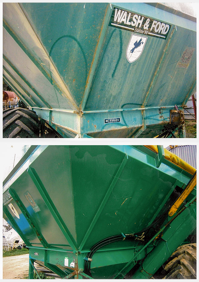 Agricultural & Farm Machinery Detailing - Walsh & Ford Chaser Bin before & after paint rejuvenation